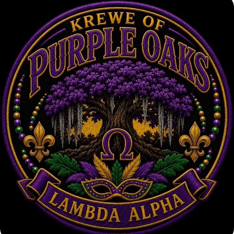 A circular emblem features a vibrant purple oak tree with Spanish moss in the foreground, set against a dark background with Mardi Gras beads and fleur-de-lis symbols.
