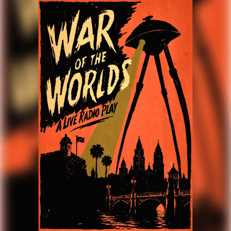 A towering Martian tripod with a heat ray beam dominates the orange sky above a silhouetted cityscape with a bridge and palm trees.