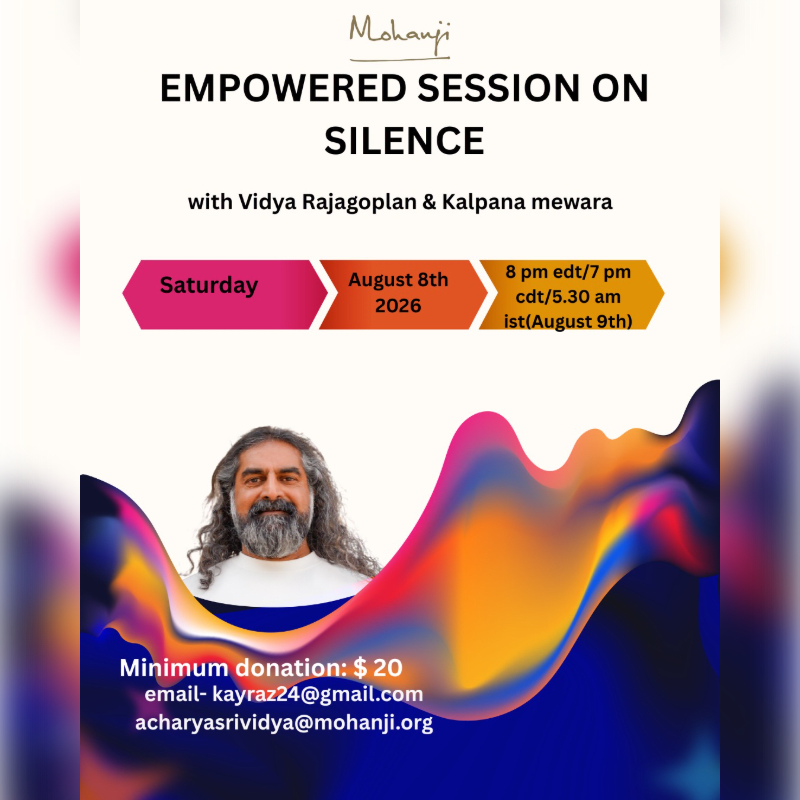 A man with long gray hair and a beard is featured in the foreground against a colorful, abstract background, with event details for an "Empowered Session on Silence" in the upper portion.