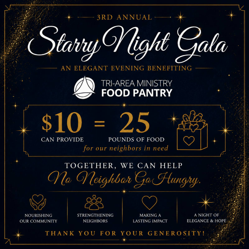 A dark background with golden stars frames text announcing the 3rd Annual Starry Night Gala benefiting the Tri-Area Ministry Food Pantry, detailing how $10 provides 25 pounds of food and listing event themes.