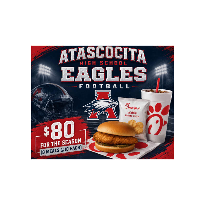 A football helmet and a Chick-fil-A meal are in the foreground, with the Atascocita High School Eagles football logo and stadium lights in the background.