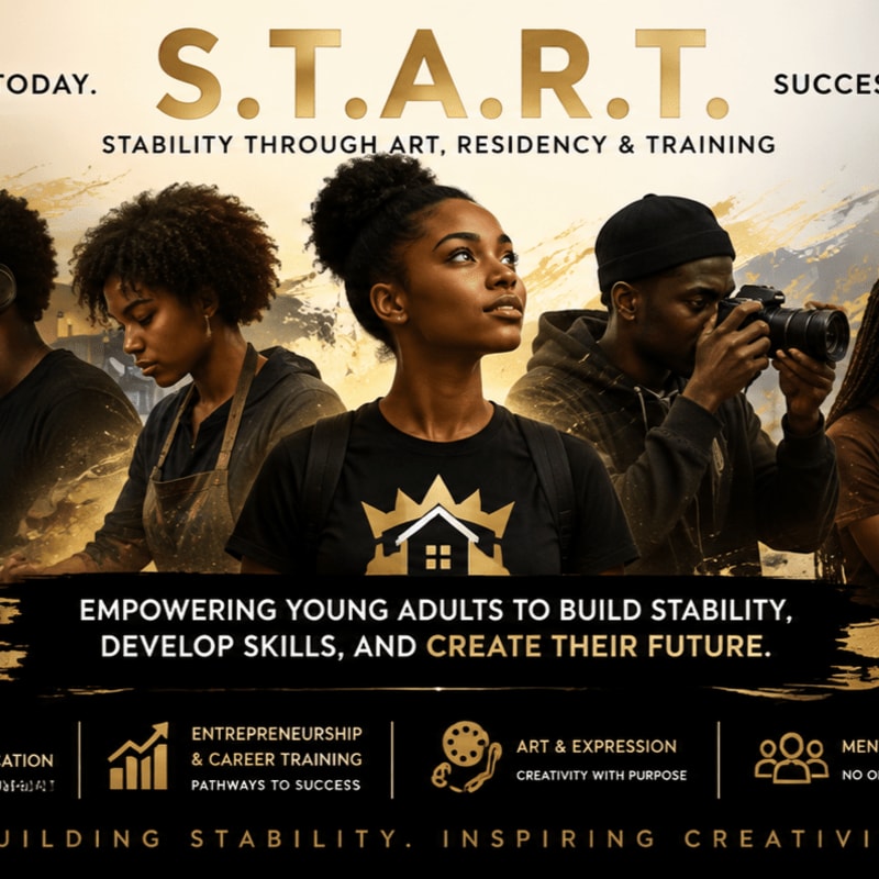 A group of young adults, some engaged in artistic or technical activities, are featured in the foreground against a backdrop of the "S.T.A.R.T." logo and empowering text.