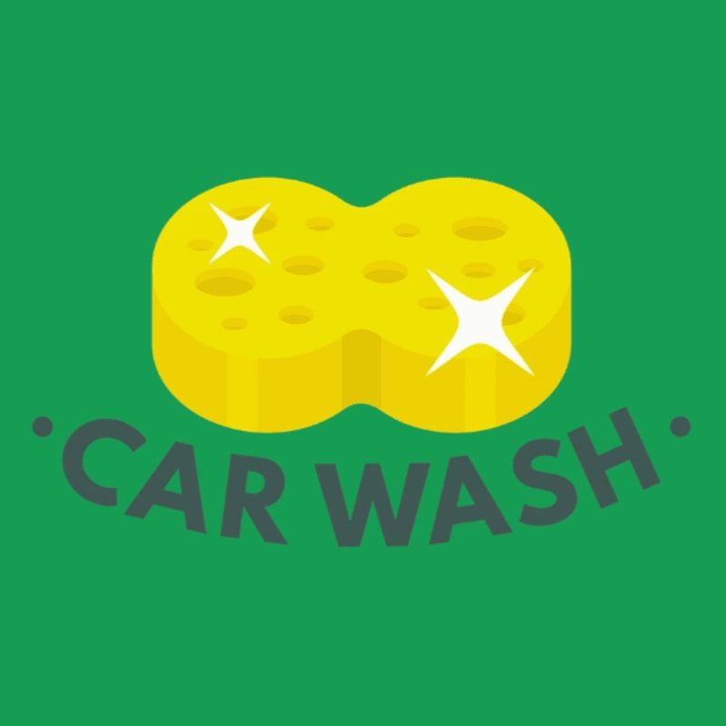 A yellow, sparkling sponge sits above the words "CAR WASH" on a green background.