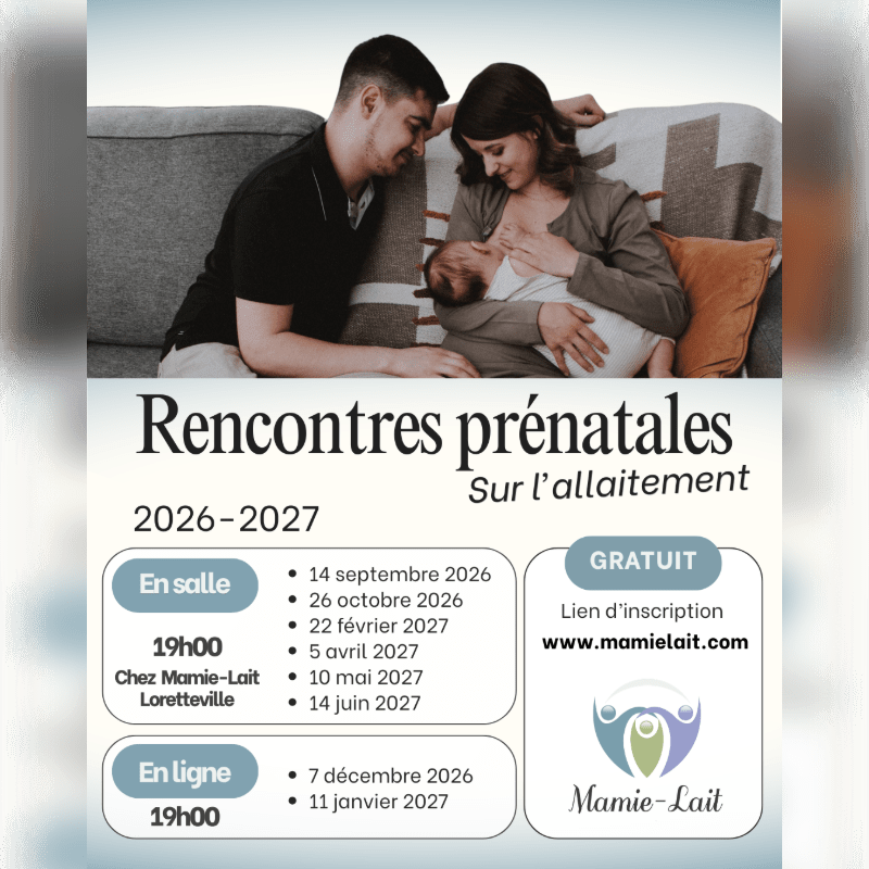 A couple looks lovingly at their baby being breastfed in the foreground, while event details for prenatal meetings on breastfeeding are displayed below.