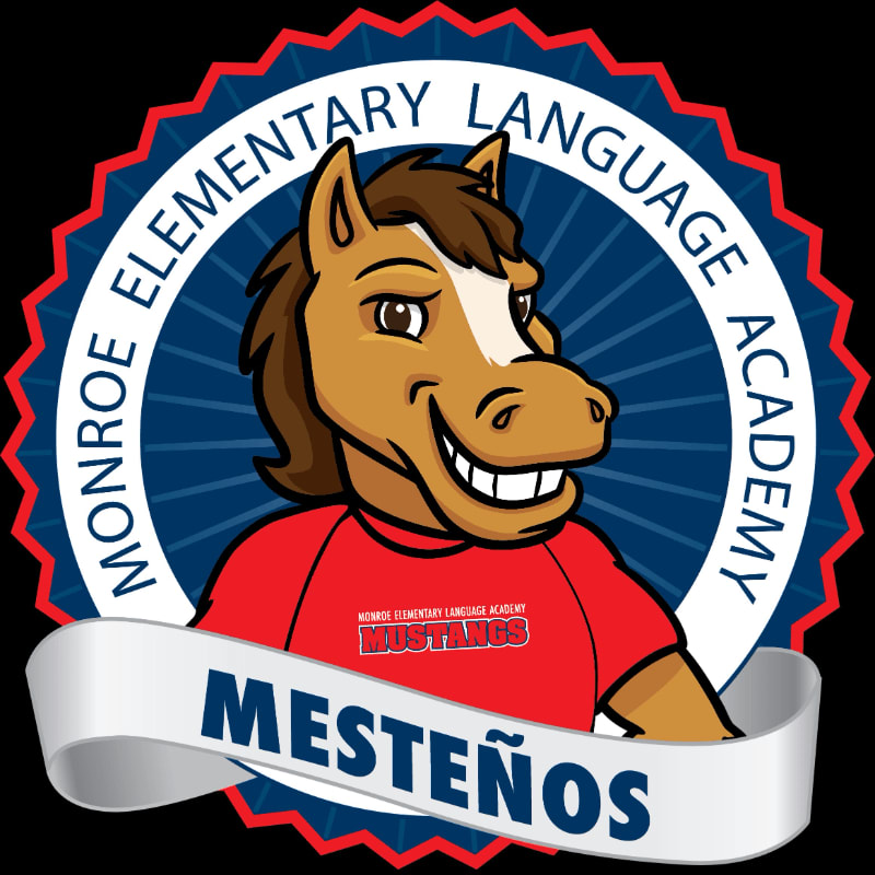A cartoon horse mascot wearing a red shirt with the school name and "Mustangs" on it is centered in the foreground, with a circular emblem behind it that reads "Monroe Elementary Language Academy" and a black background.