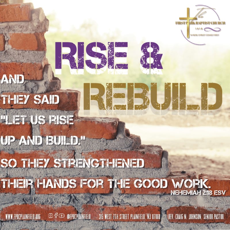 A crumbling brick wall in the foreground frames inspirational text about rising and rebuilding against a soft, blurred background with a church logo.