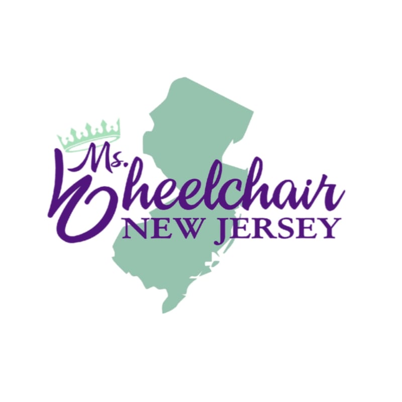 A light green silhouette of New Jersey is in the background, with the words "Ms. Wheelchair NEW JERSEY" in purple lettering and a small crown above the "Ms." in the foreground.