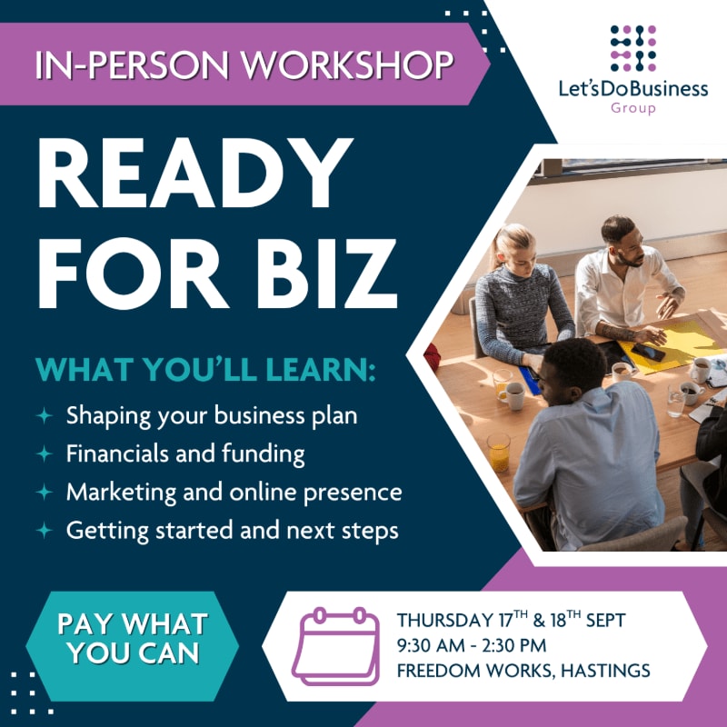 A dark blue graphic advertises an in-person workshop titled "Ready for Biz" with a background image of people collaborating around a table.