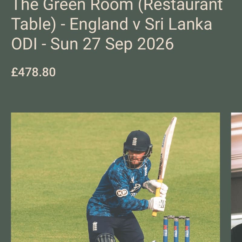 A cricketer in a blue England jersey bats on a green field in the foreground, with event details and a price listed above in the background.