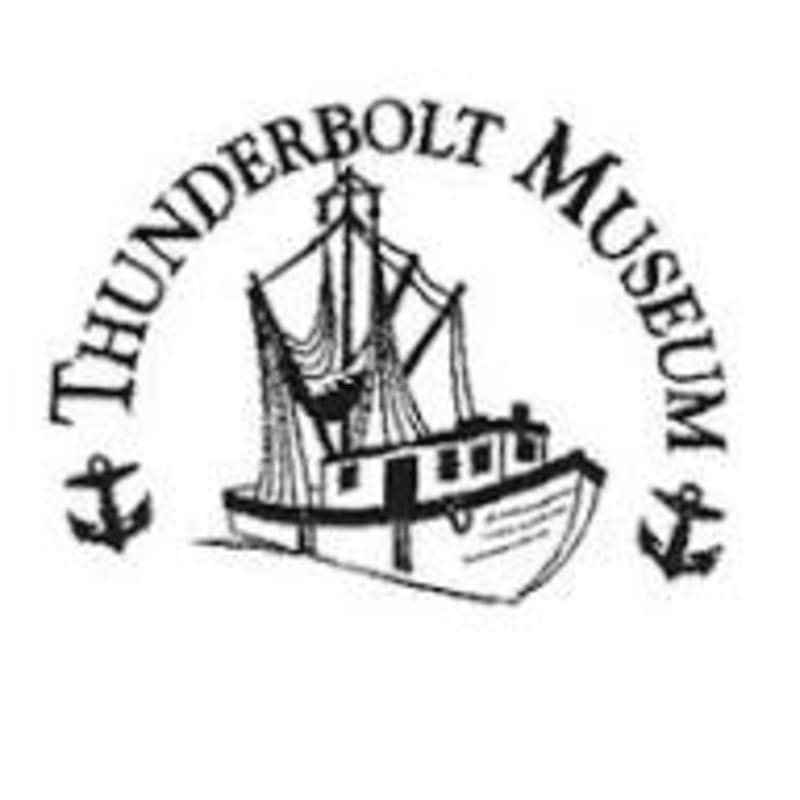 A black and white drawing features a fishing boat with nets in the foreground, set against a background of anchors and the words "THUNDERBOLT MUSEUM" arching above.