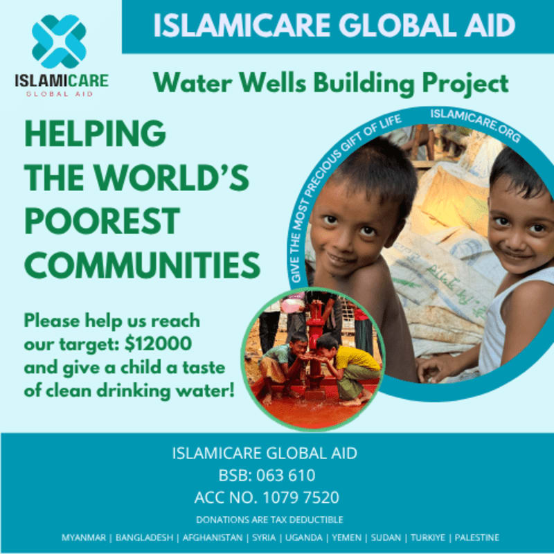 Children smile in the foreground while a group drinks from a water well in the background, all within a promotional poster for Islamicare Global Aid's Water Wells Building Project.