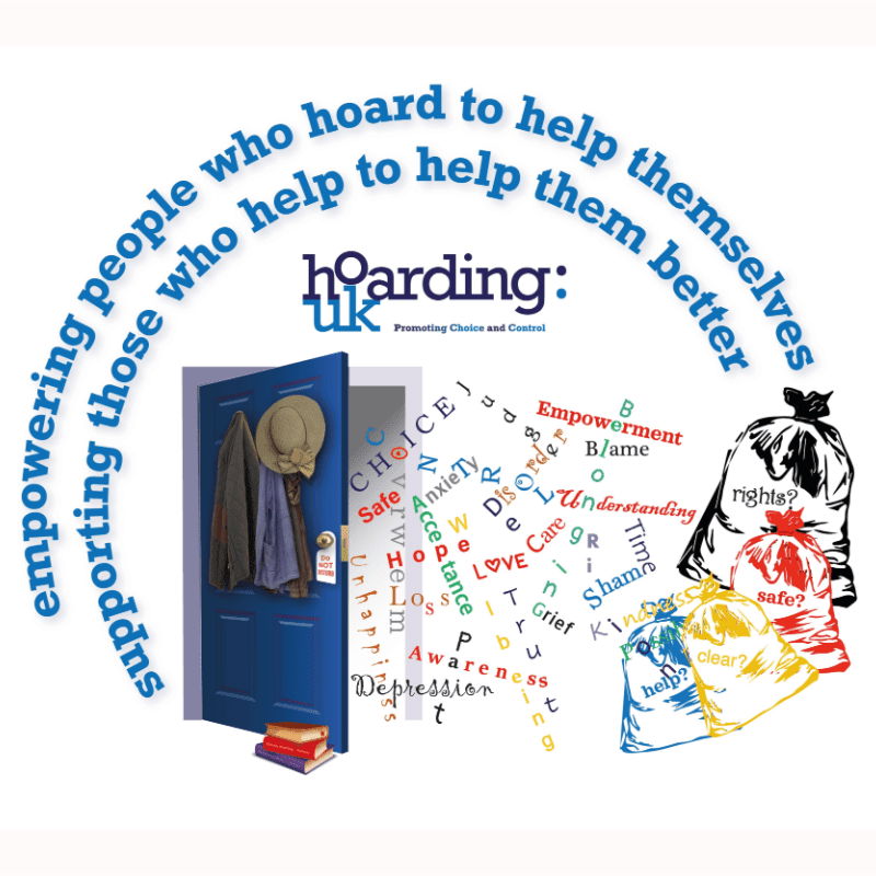 A blue door with coats and a hat hangs open, revealing a jumble of words representing emotions and concepts, with colorful trash bags in the background, all under a blue arc of text about supporting people who hoard.