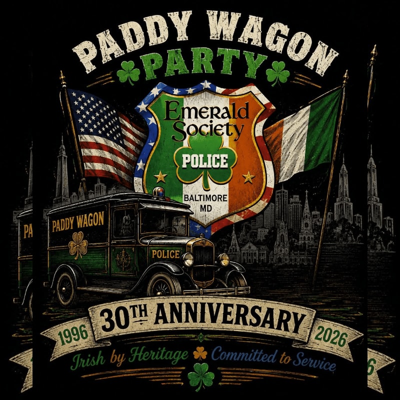 A vintage paddy wagon is parked in front of a city skyline with American and Irish flags, celebrating the 30th anniversary of the Emerald Society Police.