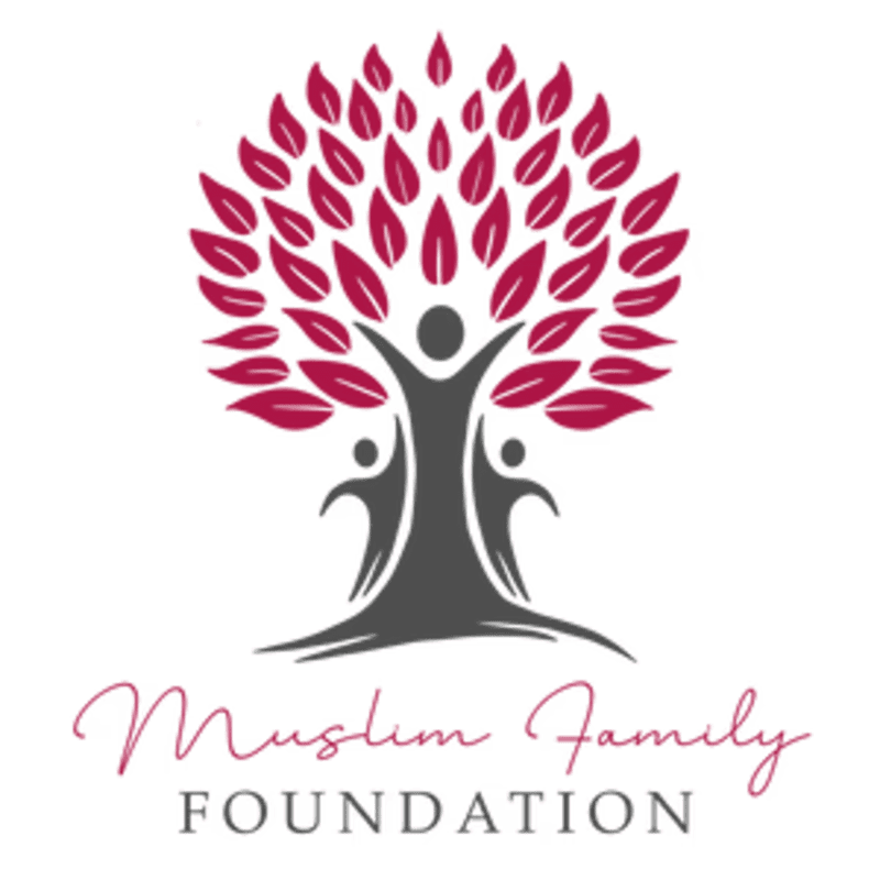 A stylized tree with a family silhouette at its base stands against a white background, with the words "Muslim Family FOUNDATION" written below.