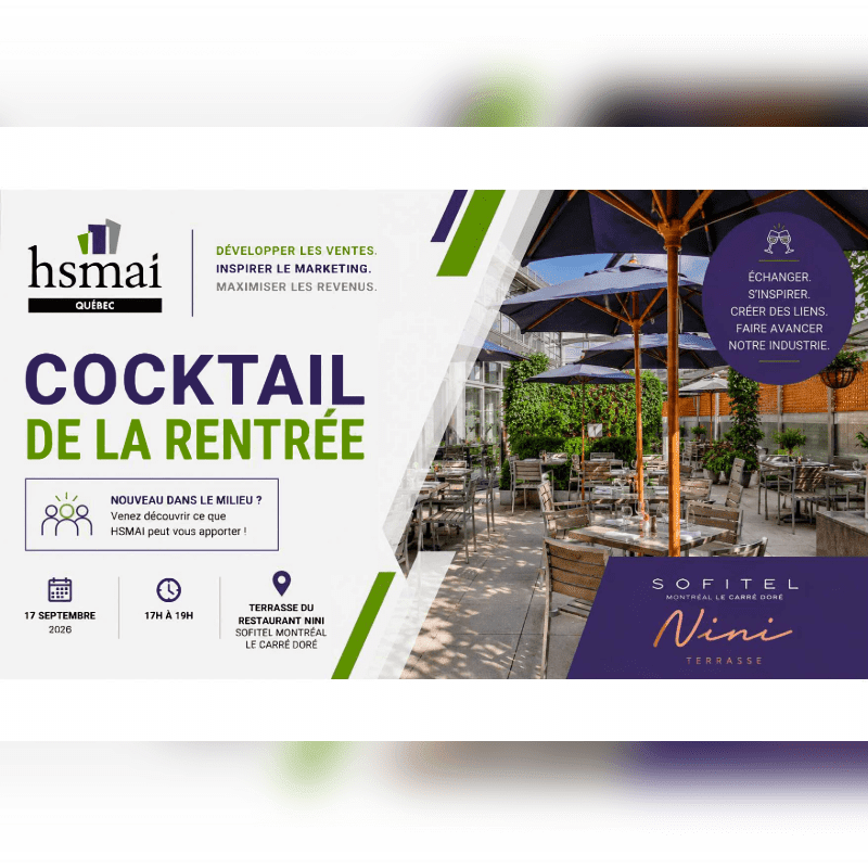 A graphic advertises an event with "COCKTAIL DE LA RENTRÉE" in the foreground, while the background shows an outdoor seating area of a restaurant with umbrellas and tables.