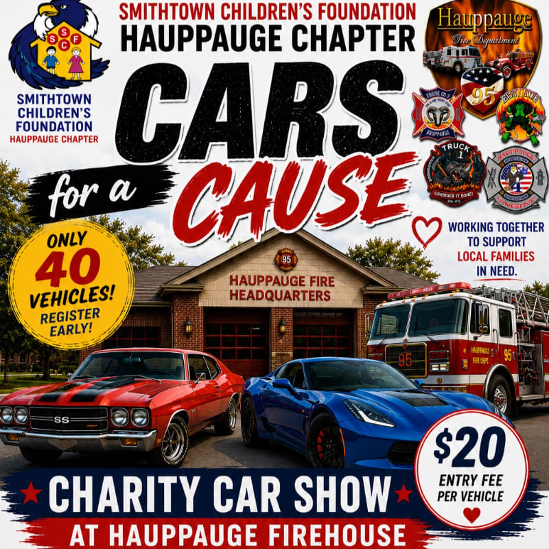 A red muscle car and a blue sports car are parked in front of the Hauppauge Fire Headquarters, advertising a charity car show.