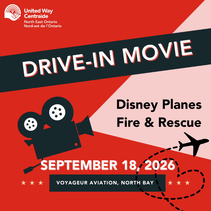 A silhouetted vintage movie camera projects a beam of light onto a red background advertising a drive-in movie of "Disney Planes: Fire & Rescue" on September 18, 2026, at Voyageur Aviation, North Bay, with a small airplane in the upper right corner.
