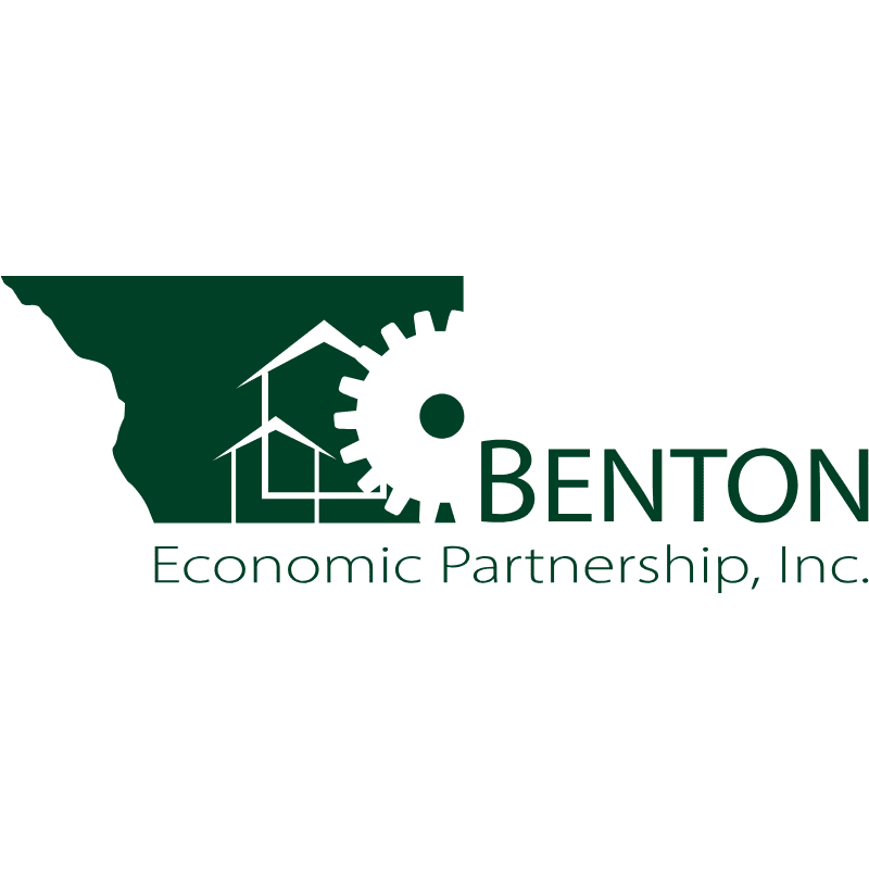 A dark green silhouette of a state outline merges with a gear and three houses in the foreground, while the words "BENTON Economic Partnership, Inc." are displayed in the background.