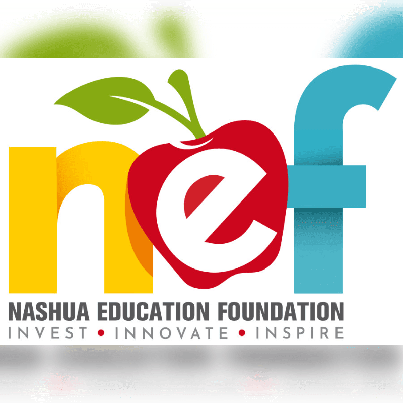 A red apple with a green stem and leaf replaces the letter 'e' in the colorful "nef" logo, set against a white background with the words "NASHUA EDUCATION FOUNDATION" and "INVEST INNOVATE INSPIRE" below.