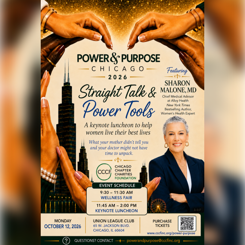 Hands reach towards a sparkling heart in the foreground, framing a poster for a "Power & Purpose Chicago 2026" keynote luncheon featuring Sharon Malone, MD, with a cityscape in the background.