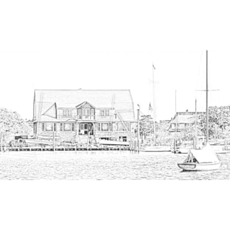 A sketch of a waterfront house with a dock and a sailboat in the foreground, set against a backdrop of trees and other buildings.