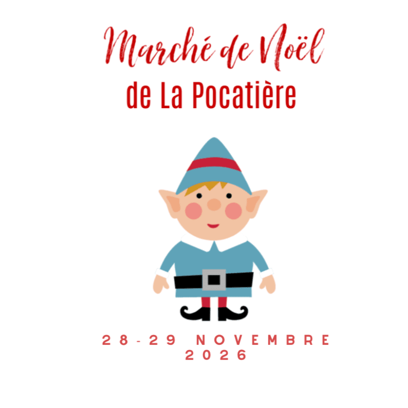 A cartoon elf with a blue hat and tunic stands in the foreground against a white background, with red text above and below announcing "Marché de Noël de La Pocatière" and "28-29 Novembre 2026".