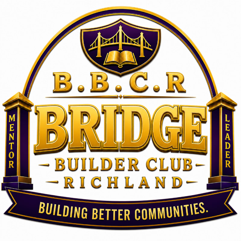 A golden arched emblem with the words "B.B.C.R BRIDGE BUILDER CLUB - RICHLAND" and "BUILDING BETTER COMMUNITIES" is set against a white background, featuring pillars labeled "MENTOR" and "LEADER" on either side.