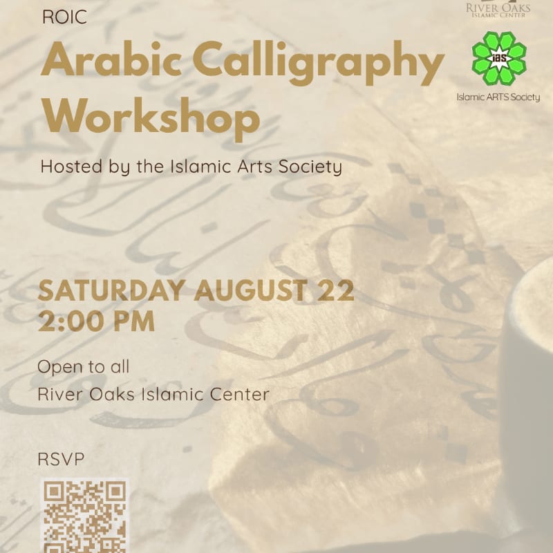 An Arabic calligraphy workshop is advertised with details of date, time, and location against a textured background of Arabic script.