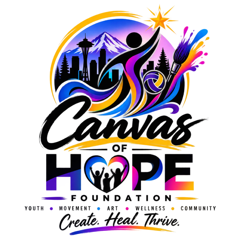 A vibrant logo for "Canvas of Hope Foundation" features a silhouette of a person reaching for a star in the background, with the Seattle skyline and mountains, while the foreground displays colorful text and icons representing youth, movement, art, wellness, and community.