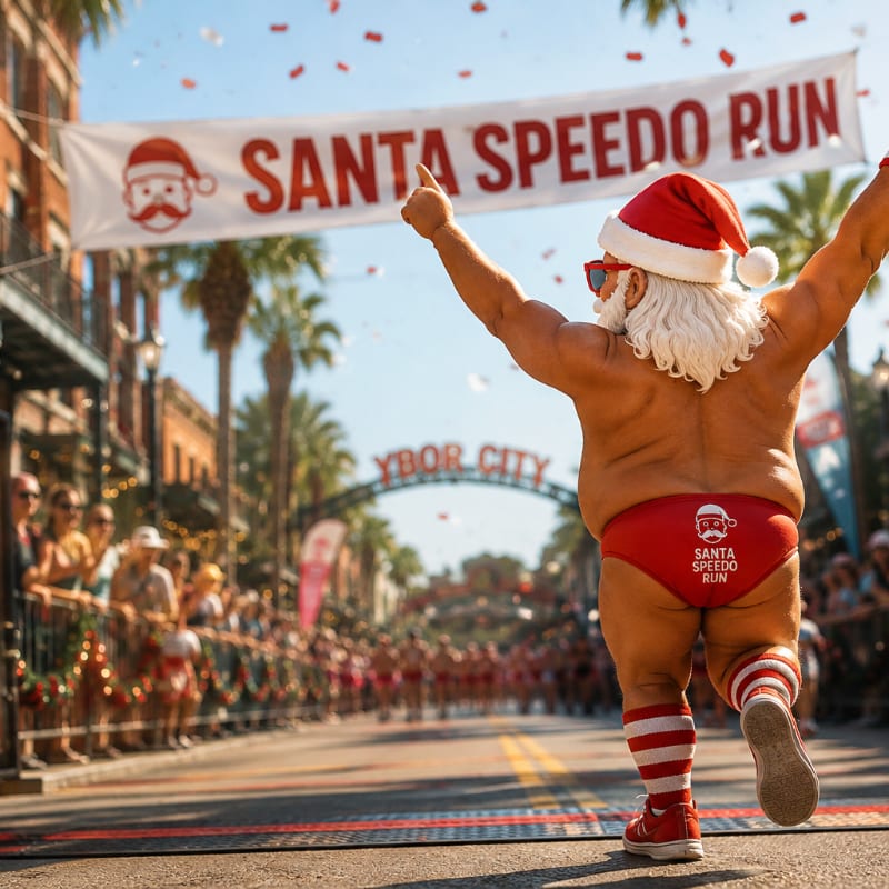 A muscular Santa in a speedo crosses the finish line of the Santa Speedo Run in Ybor City, with a crowd cheering in the background.
