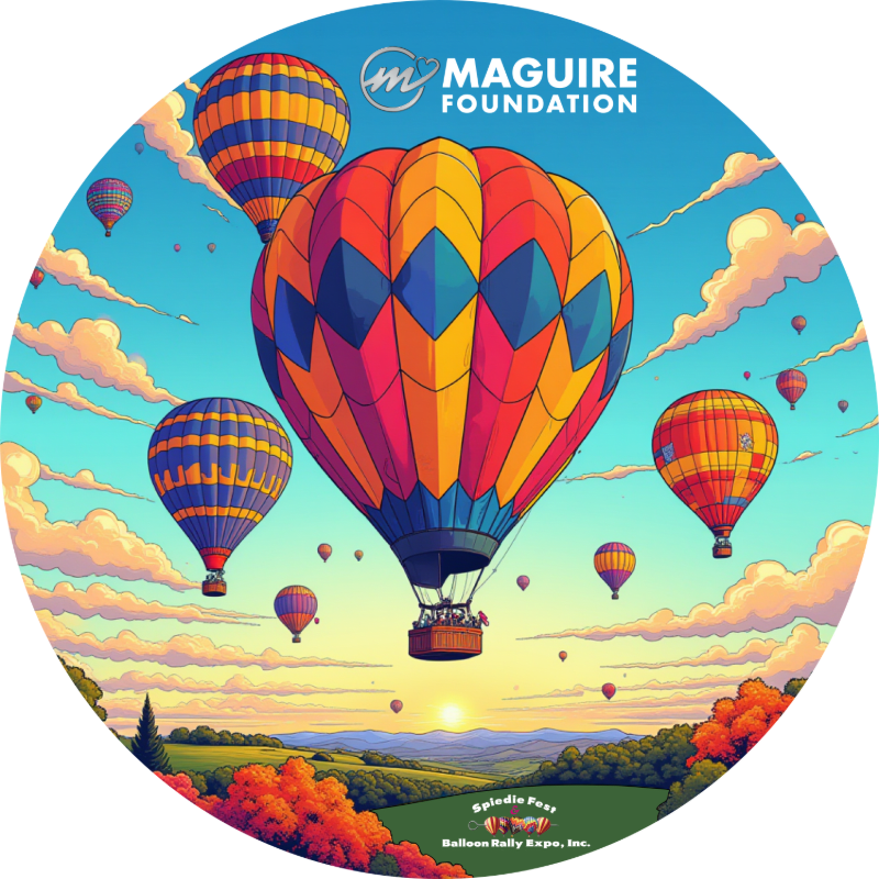 Several colorful hot air balloons float in a bright blue sky with fluffy clouds above a scenic landscape of rolling green hills and autumn trees, with the "Maguire Foundation" logo at the top.