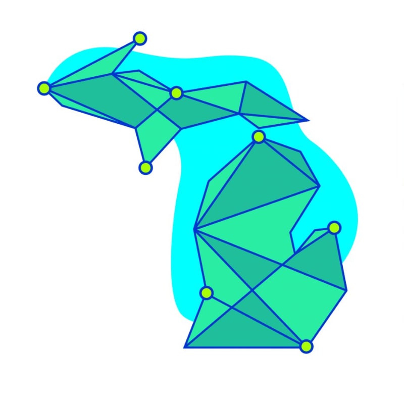 A geometric representation of Michigan's shape, formed by interconnected green polygons and yellow dots, floats against a bright turquoise blob on a white background.