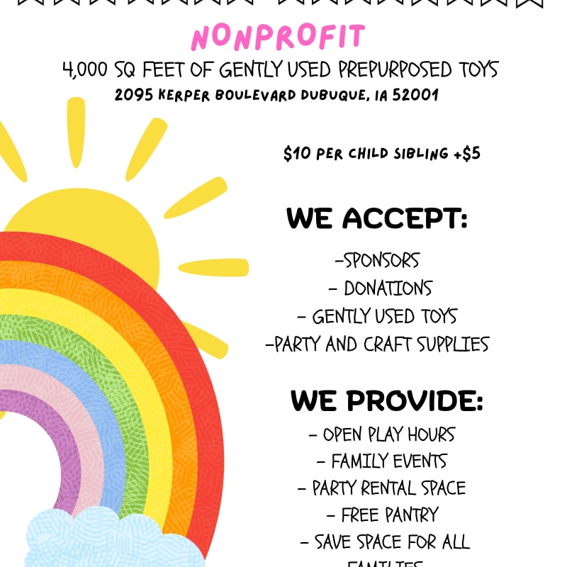 A colorful rainbow and sun are in the foreground, with text detailing a nonprofit organization's services and needs in the background.