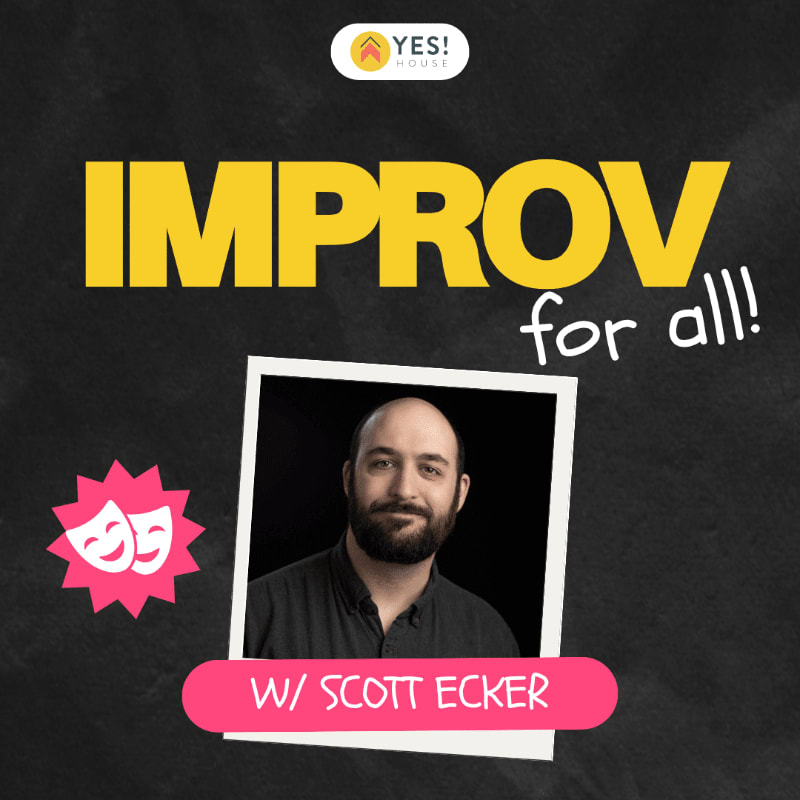 A man with a beard is pictured in a framed photo in the foreground, with the word "IMPROV" in large yellow letters and "for all!" in smaller script against a dark, textured background.