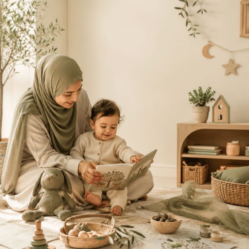 A woman in a hijab reads a book to a baby on a rug, with a wooden shelf and wall decorations in the background.