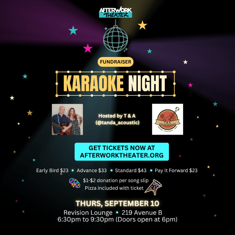 A colorful background with stars and a disco ball frames a "Karaoke Night" fundraiser poster featuring ticket information and event details.
