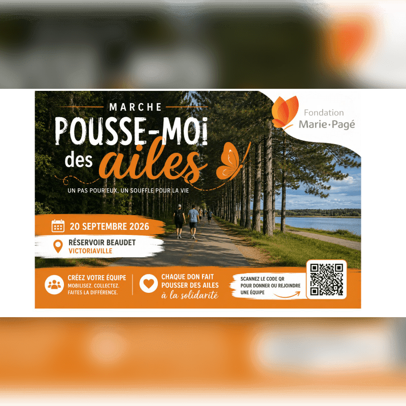 A poster for a walk event is overlaid on a scenic background of people walking on a path lined with trees next to a body of water.