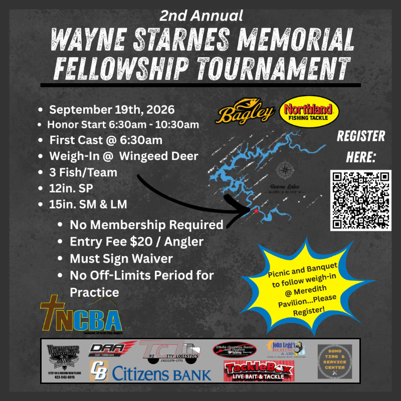 A dark flyer advertises the 2nd Annual Wayne Starnes Memorial Fellowship Tournament with event details and sponsor logos in the foreground, set against a textured background.