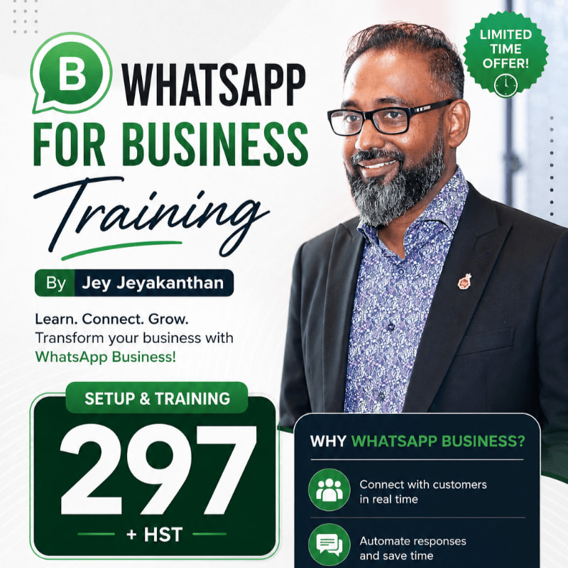 A man in a suit and glasses smiles in the background, while the foreground features text promoting a WhatsApp for Business training with a price and benefits.