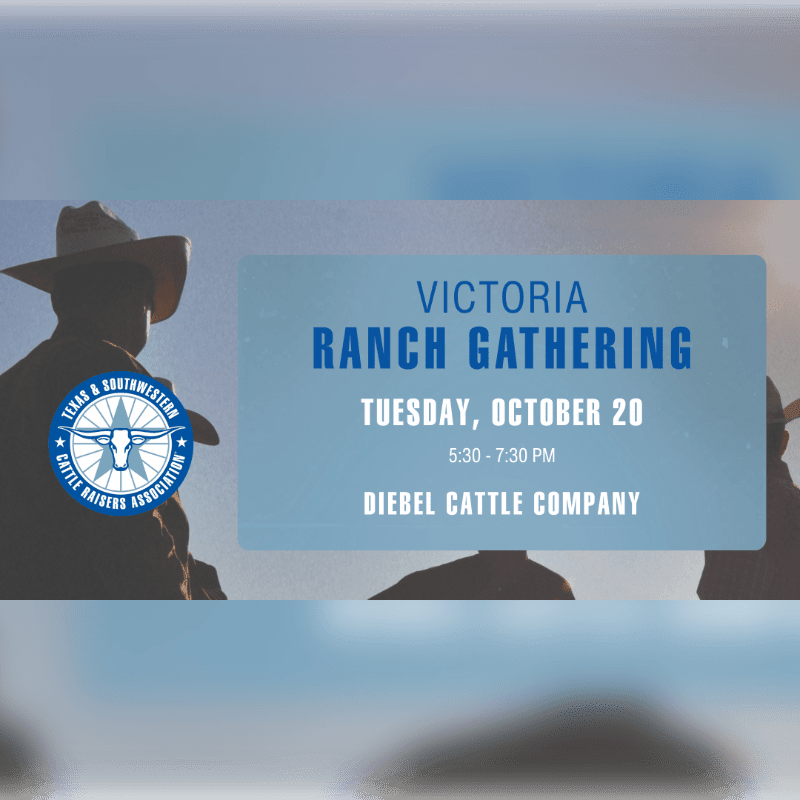 Silhouetted cowboys in the foreground face a hazy sky behind a blue banner announcing the Victoria Ranch Gathering on Tuesday, October 20th.