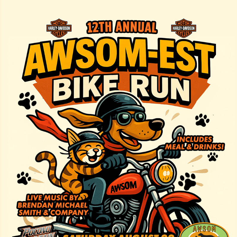 A cartoon dog wearing a helmet and goggles rides a motorcycle with a cat in front, advertising the 12th Annual Awsom-est Bike Run with live music and included meals and drinks.