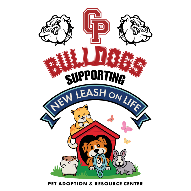 A group of adorable cartoon pets, including a cat, dog, hamster, and rabbit, are featured in the foreground with a red doghouse and butterflies, while the background displays "BULLDOGS SUPPORTING NEW LEASH ON LIFE" with bulldog heads and "CP" initials above.