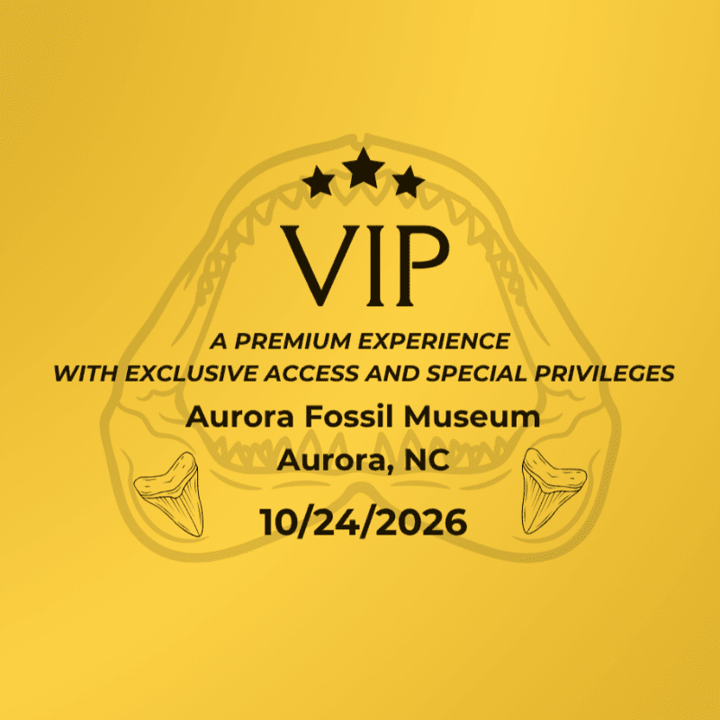 A golden background frames a VIP pass for the Aurora Fossil Museum, featuring a shark jaw graphic and event details.