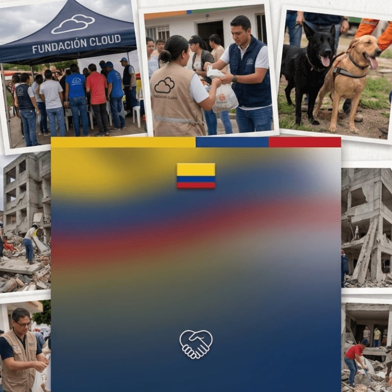 In the foreground, a graphic displays the Colombian flag and a handshake icon over a gradient of blue, red, and yellow, while the background features a collage of images showing disaster relief efforts, including people receiving aid, rescue dogs, and damaged buildings.