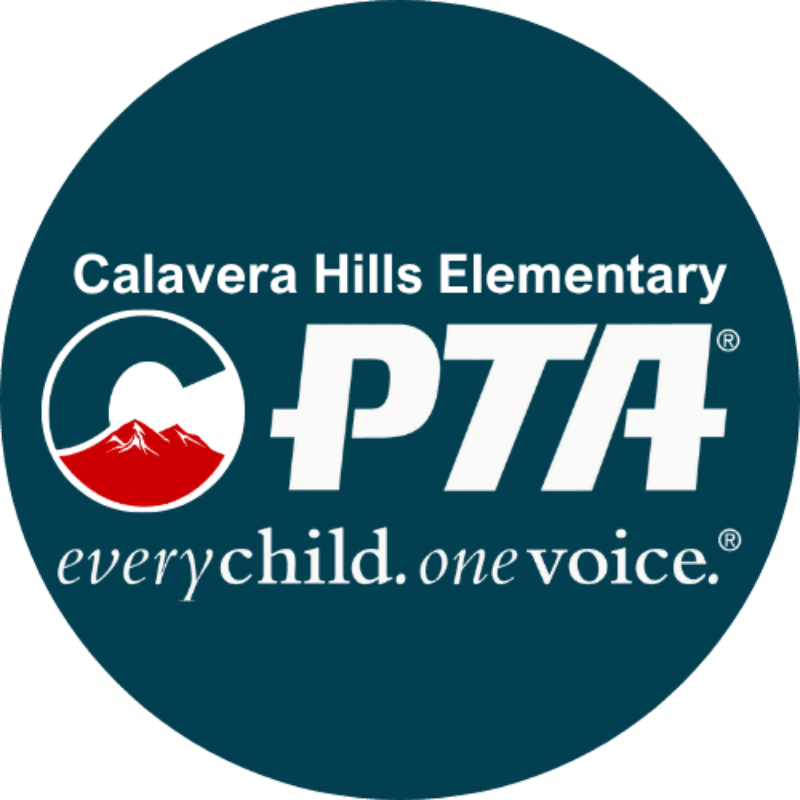 A circular logo with "Calavera Hills Elementary PTA" and "everychild. one voice." text, featuring a stylized "C" with mountains inside on the left, against a dark teal background.