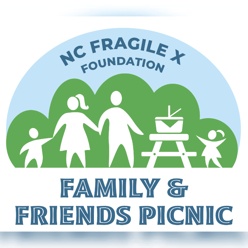 A white silhouette of a family and a picnic table stands in the foreground against a green hilly background, all under a light blue arch with "NC FRAGILE X FOUNDATION" written in white.