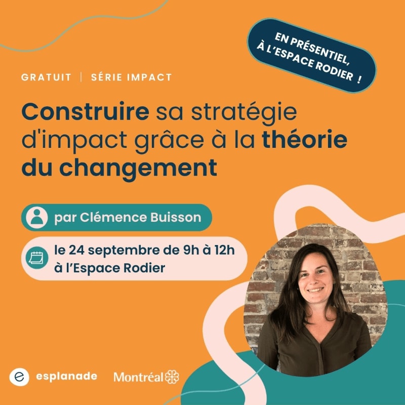 A smiling woman is featured in the foreground against an orange background with event details about a free impact series on building strategy through change theory.
