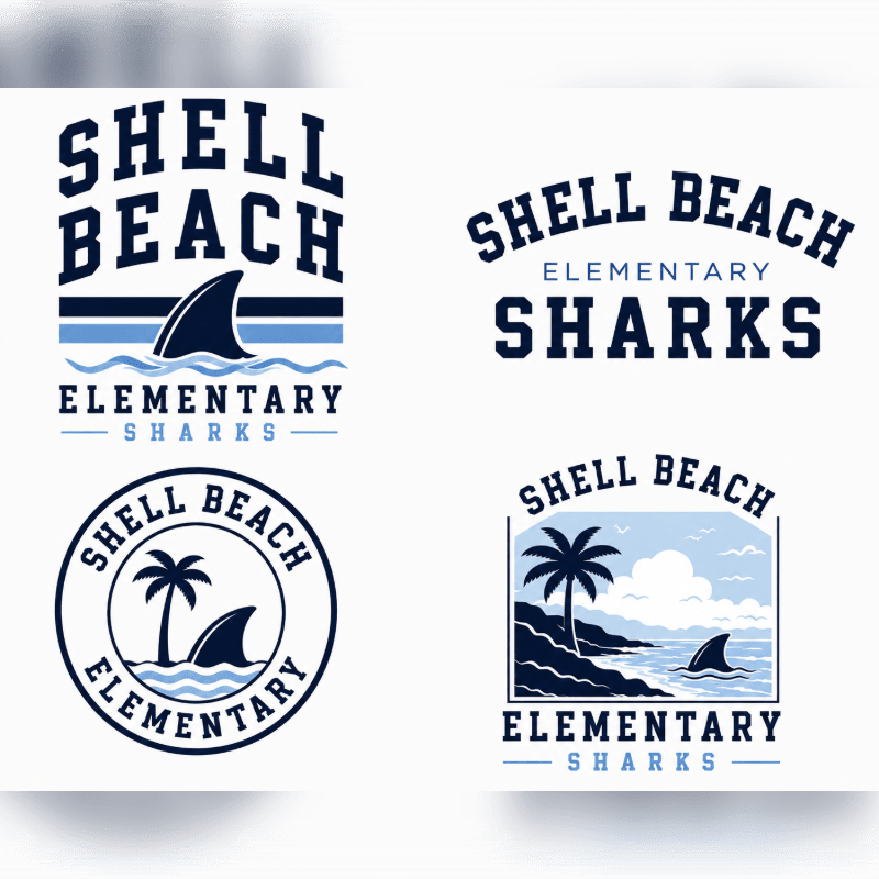 Four logos for "Shell Beach Elementary Sharks" are displayed, featuring shark fins, palm trees, and ocean waves against a white background.