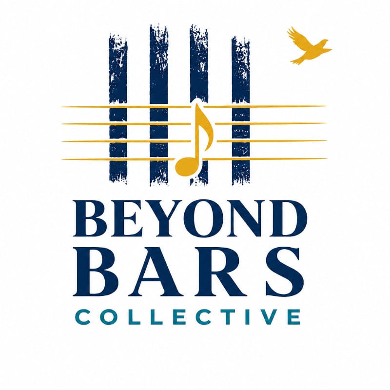 Vertical blue bars with horizontal yellow lines and a musical note in the foreground are set against a white background with a yellow bird in the upper right corner.