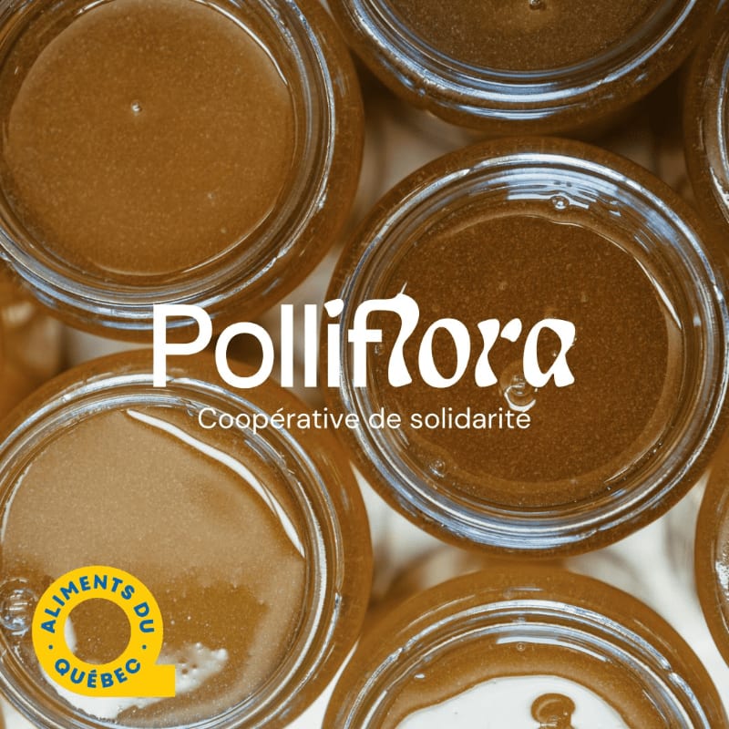 Several jars of golden honey are arranged in the foreground, with the "Polliflora Coopérative de solidarité" logo and an "Aliments du Québec" seal overlaid on the image.